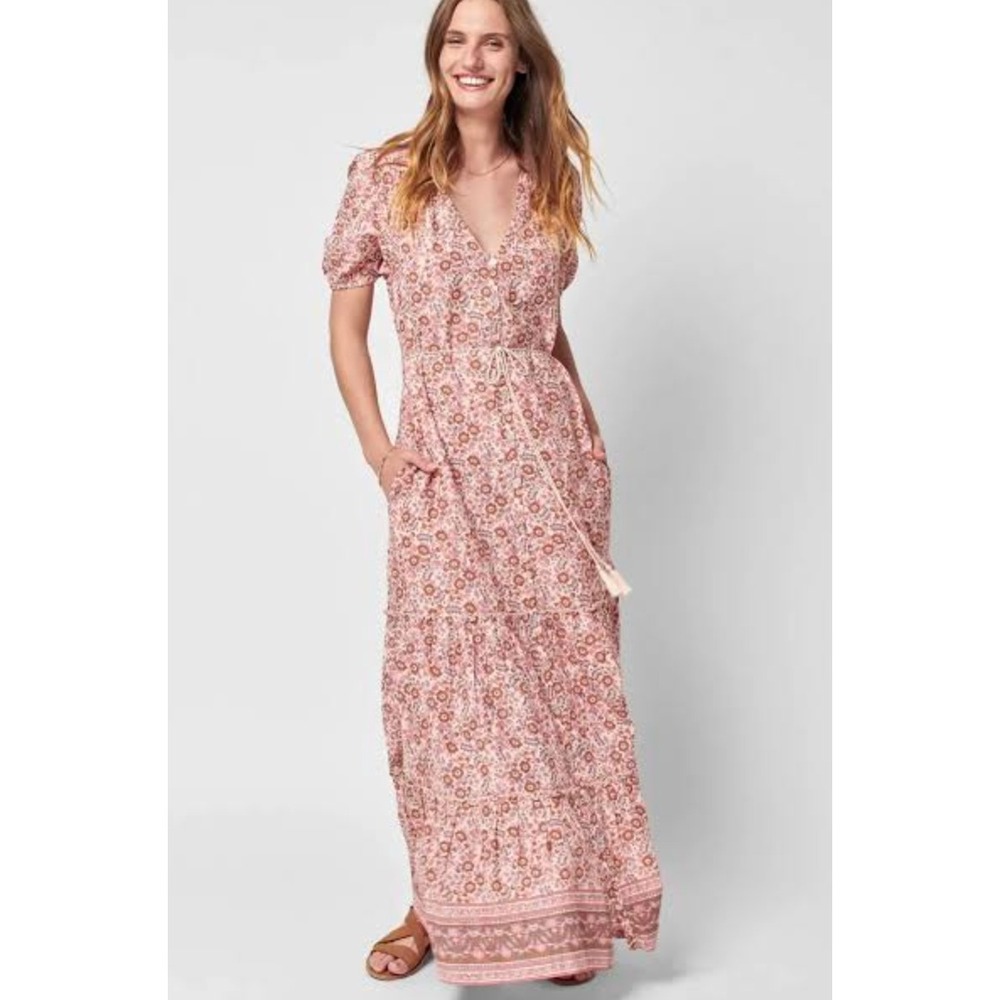 Faherty Orinda Floral Short Sleeve Maxi Dress Earth Block Print Organic Cotton L